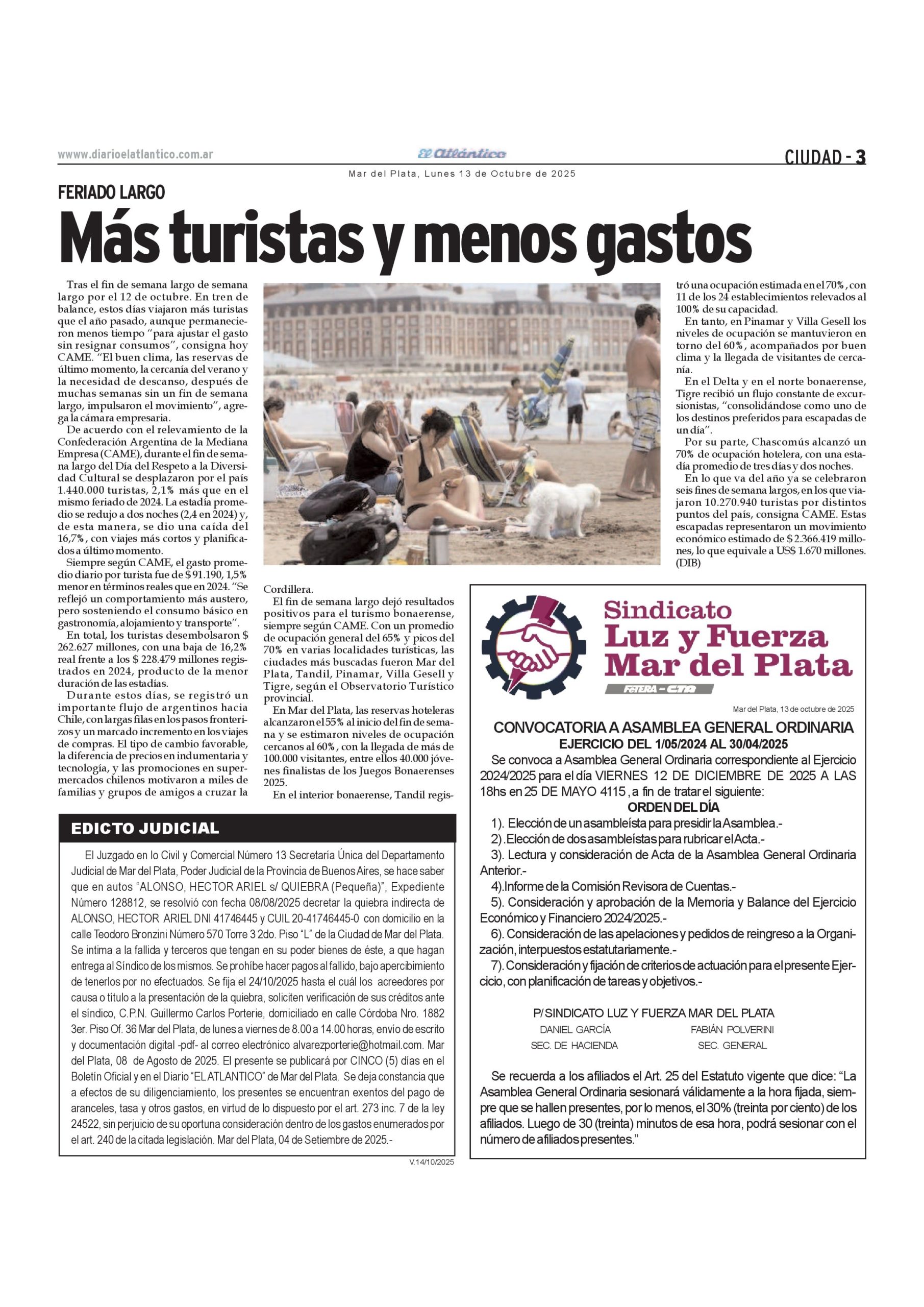 Convocatoria Sindicato Luz y Fuerza Mar del Plata
